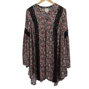 Knox Rose Boho Dark Floral Crochet Blouse Medium‎ Flowly Long Sleeve Cottagecore
